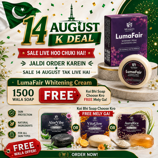 Buy MR Organix LumaFair Whitening Cream and get a FREE soap worth Rs. 1500. Choose AloeVibe, VitaGlow or AuraRice. Limited 14 August Deal. Order Now!
